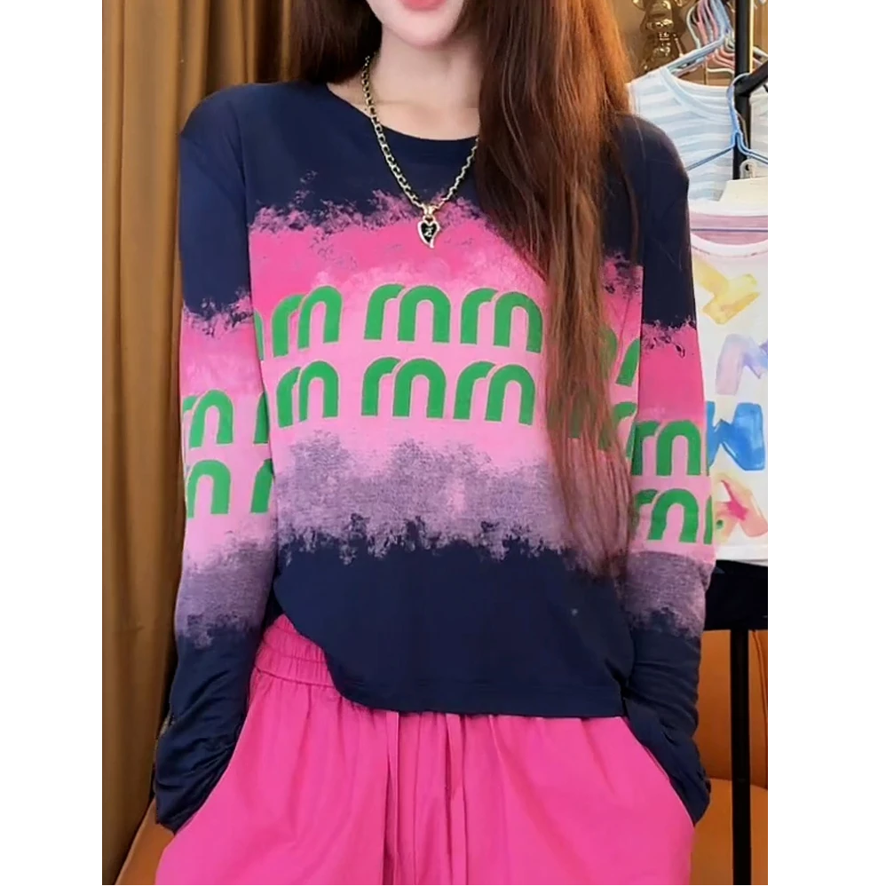 时尚秋装一整套女撞色扎染字母印花圆领长袖百搭T恤阔腿裤两件套