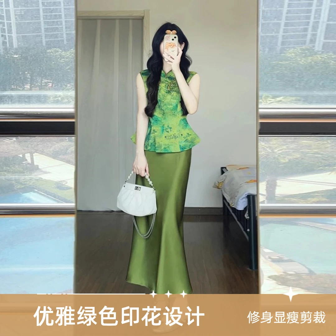 2025超火夏装一整套新中式国风轻奢高级感上衣套装裙独特绝美绿色
