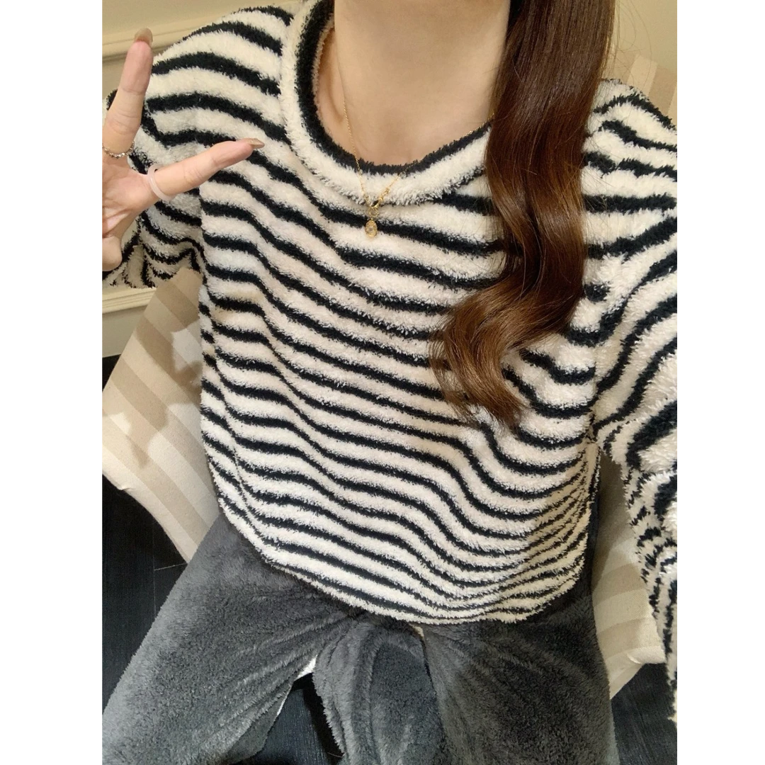 简约条纹加厚珊瑚绒睡衣女款秋冬季爆款加绒法兰绒女士家居服套装