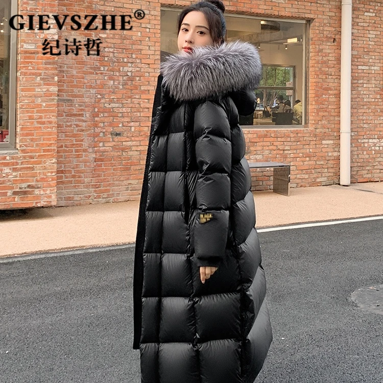 纪诗哲银狐大毛领羽绒服女2025冬季新款长款过膝加厚韩版黑色外套