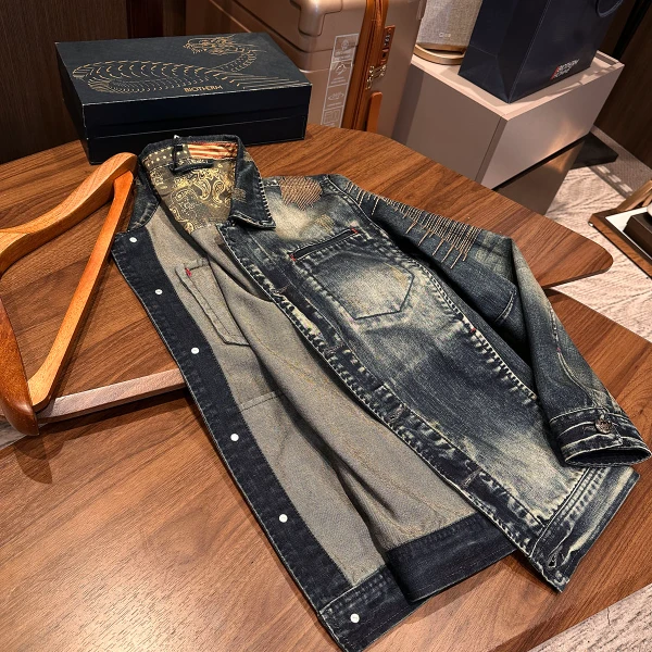 【做旧黄复古色】2025秋季新款男士高档重工水洗翻领修身牛仔衣夹克