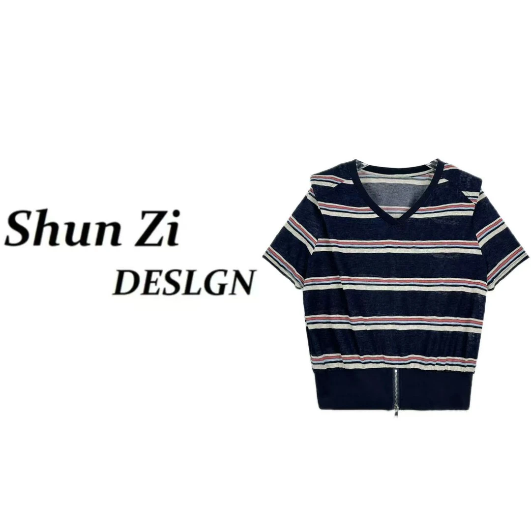 顺子/SZ7099 夏季新款时尚休闲下摆拉链收腰T字垫肩显瘦潮牌衬衫