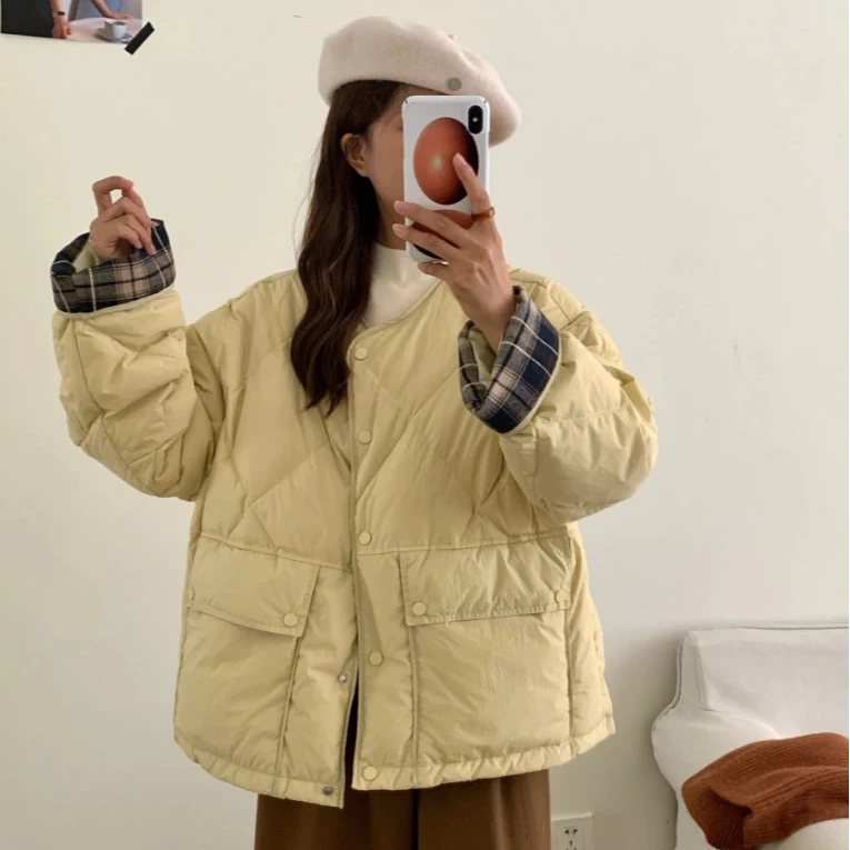 棉服女韩系宽松圆领轻薄款菱格小个子整张棉棉服外套