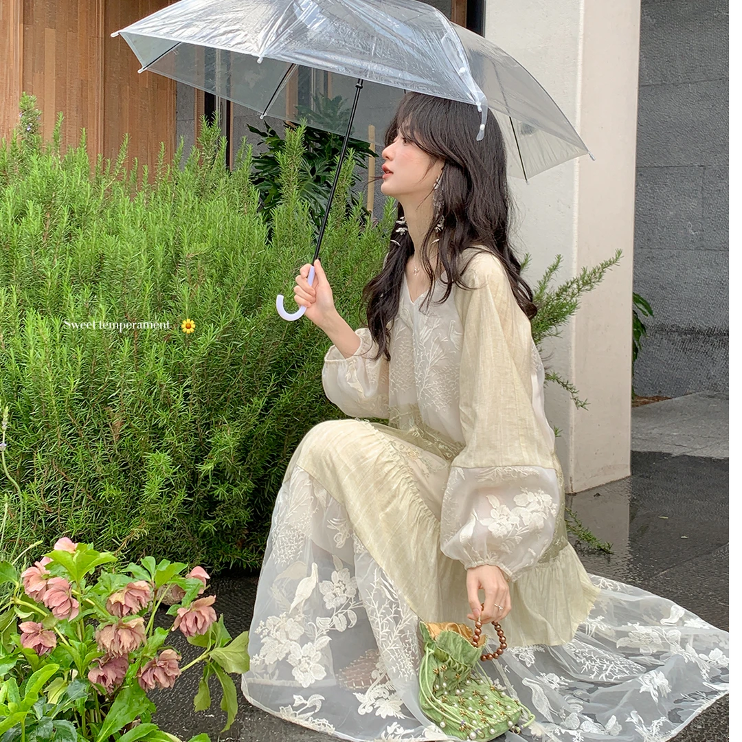 【花朝絮落】仙鹤刺绣 绣花连衣裙 法式温柔气质度假风~