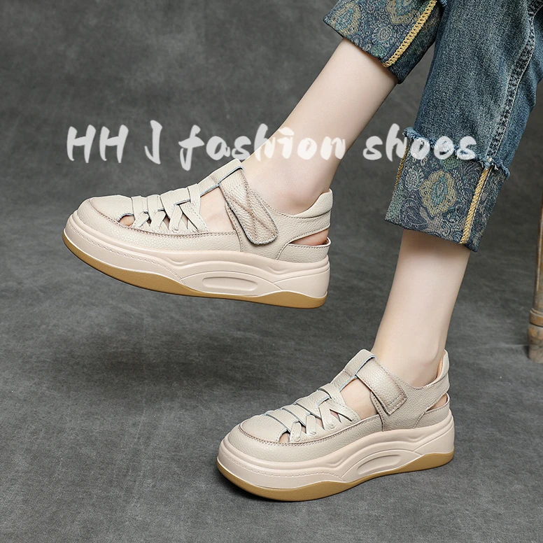 头层牛皮厚底透气罗马凉鞋女2025夏季新款镂空透气百搭外穿洞洞鞋