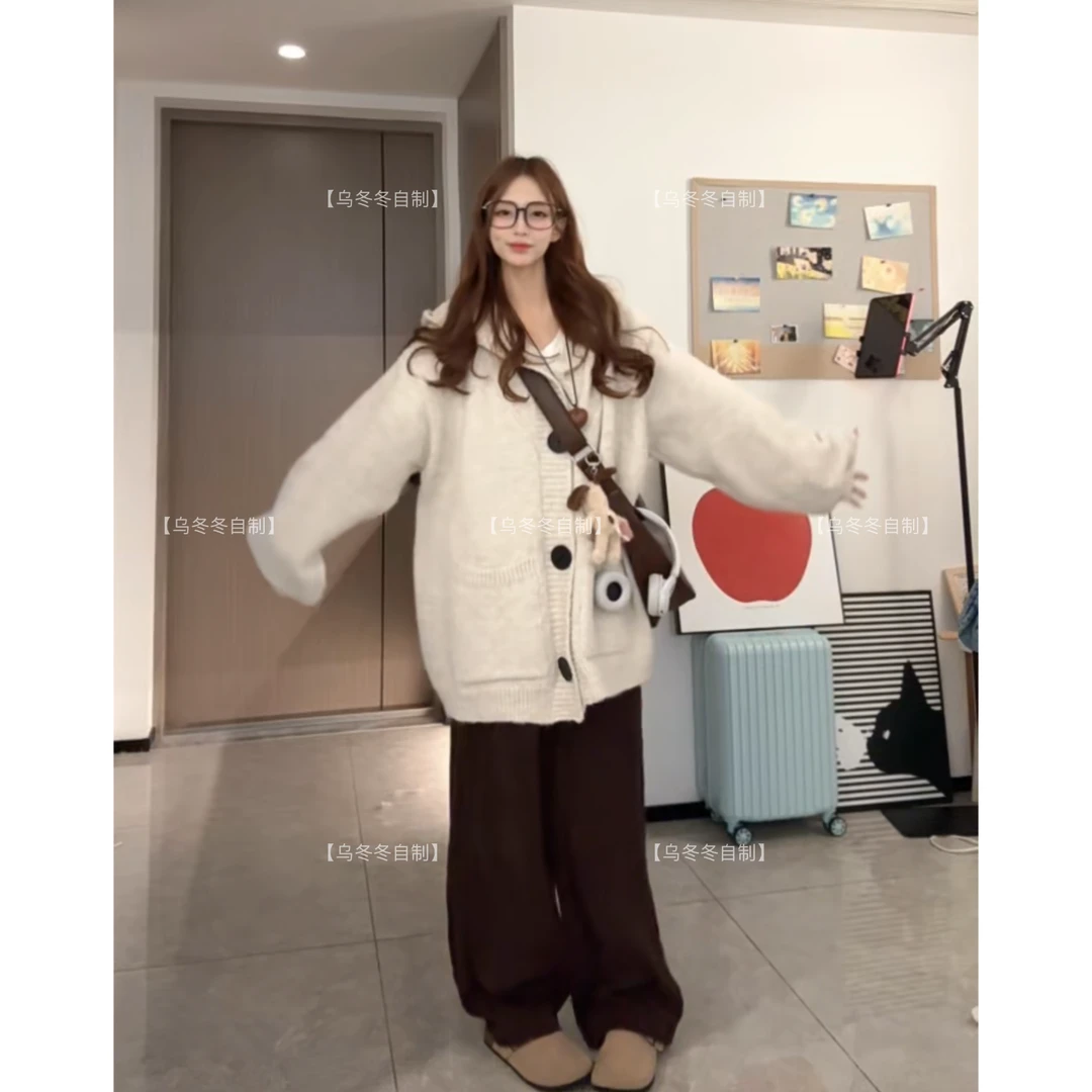 【乌冬冬同款】1韩国东大门慵懒风连帽针织开衫毛衣外套秋冬新款