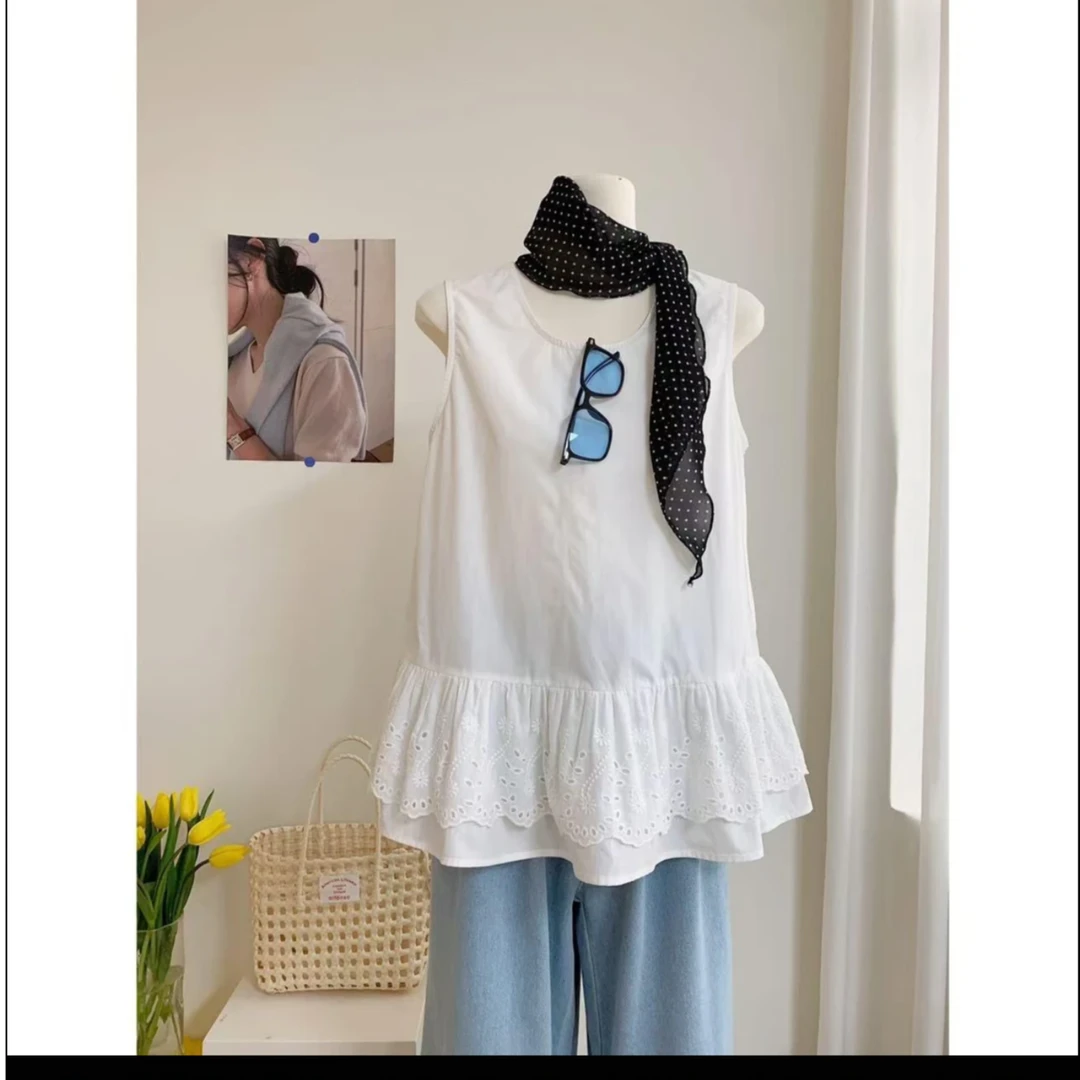 【现货】2025春拼接蕾丝边下摆叠穿纯欲圆领宽松休闲无袖背心时尚