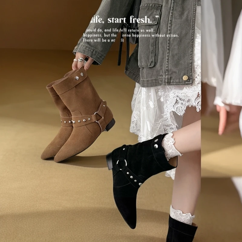 复古风2025秋冬新款时尚百搭粗跟西部靴宽筒中筒靴尖头皮面短靴