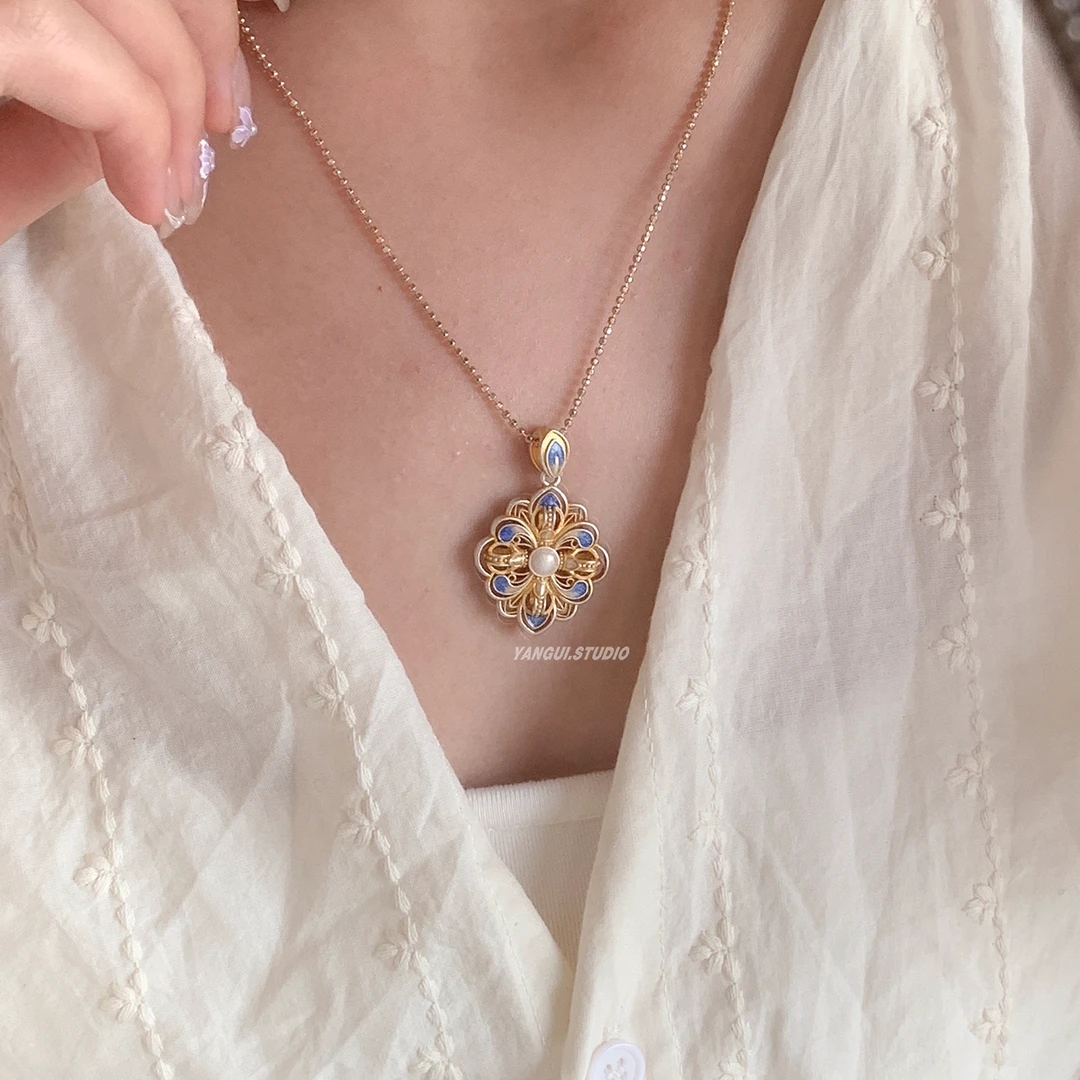 吊坠足银珐琅 燕归yangui“宫廷项链”足银999.9珐琅金刚杵蓝粉吊坠