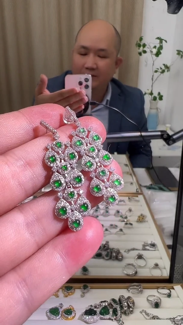 银S925镶嵌翡翠耳饰十全十美水滴耳坠