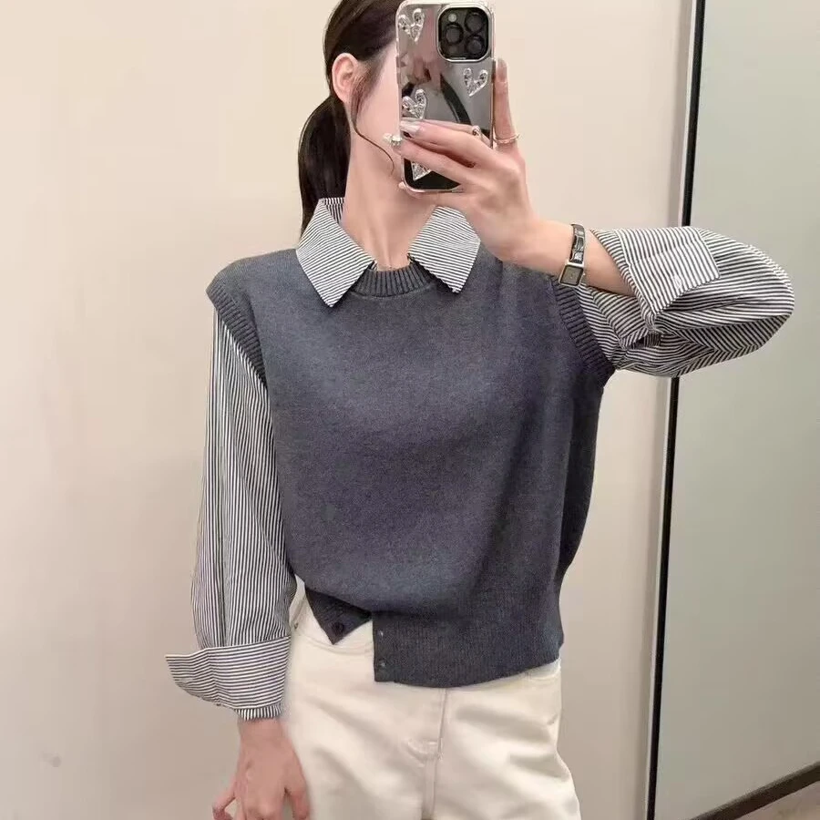 韩系拼接条纹衬衫袖翻领针织衫女秋季微胖mm宽松设计感假两件上衣