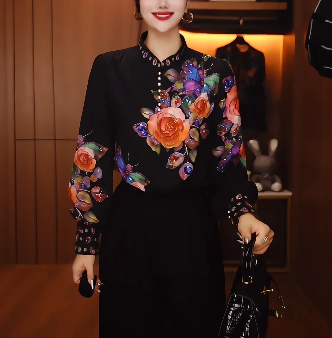 【贵妇装】原创【绣彩缤纷】高级感长袖气质印花时尚秋冬百搭圆领上衣