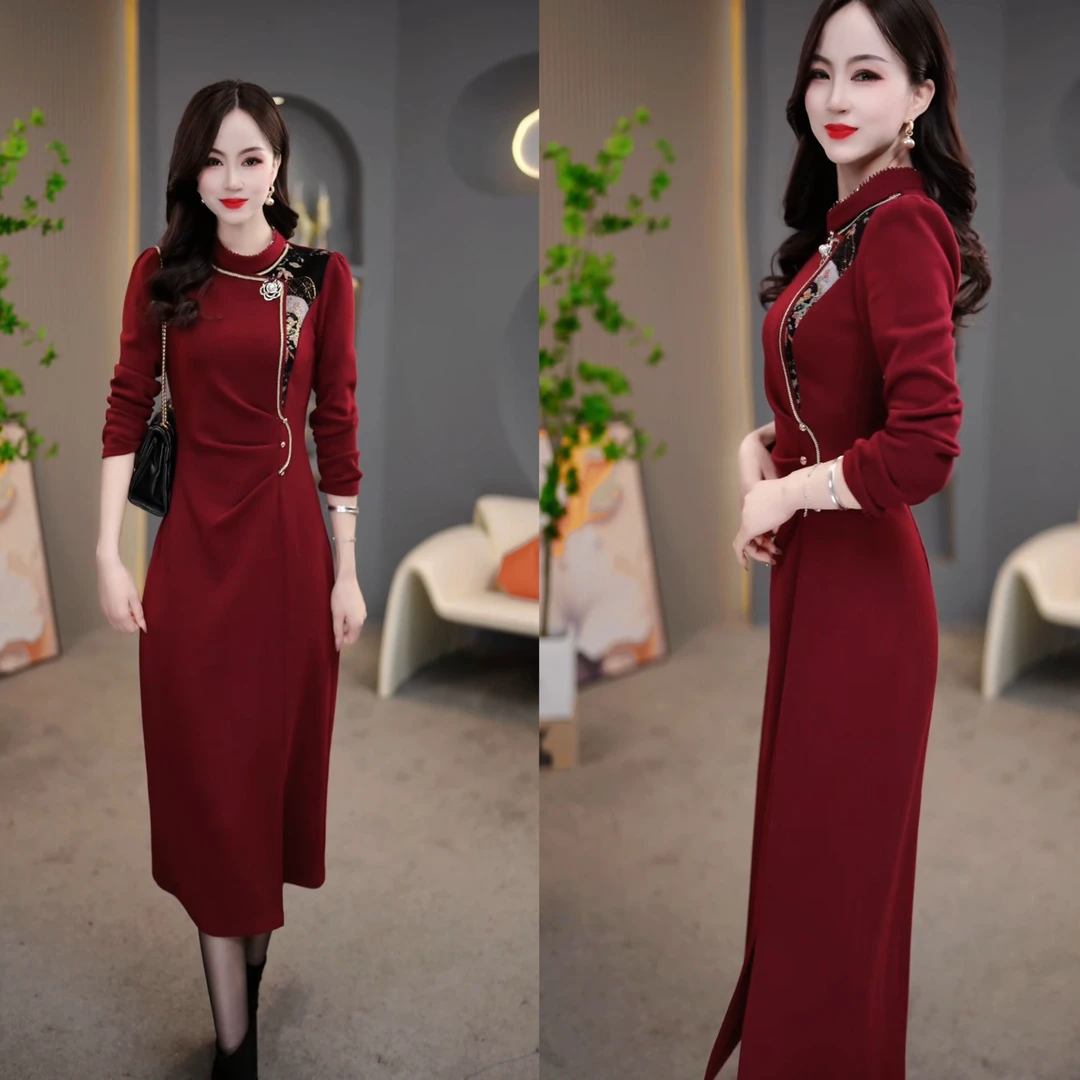 2024秋冬花纹拼接修身端庄大气新年战袍中长款连衣裙M-4XL