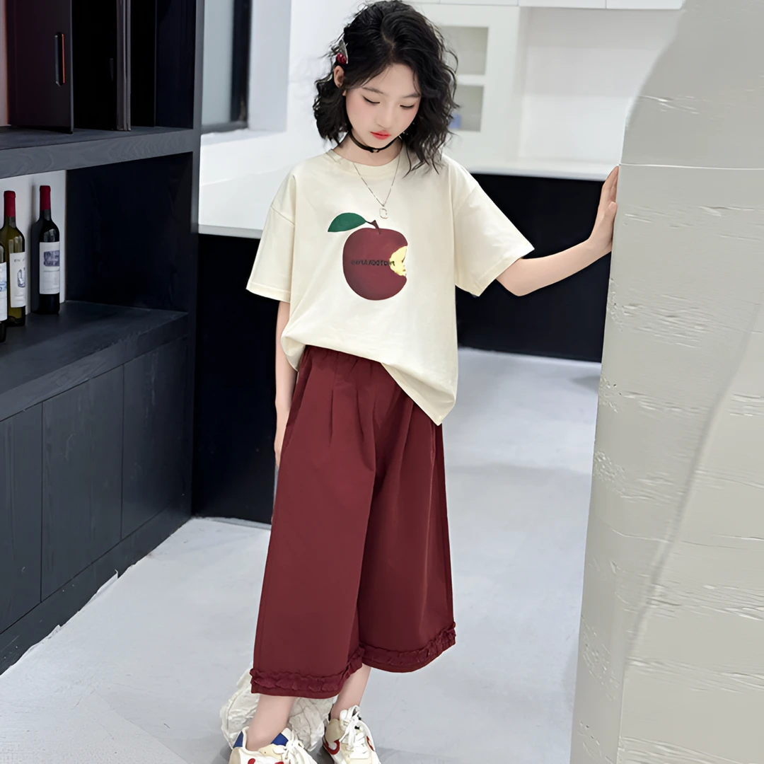 女童夏季苹果T花边裤套装中大童2025新款夏装清凉透气儿童两件套