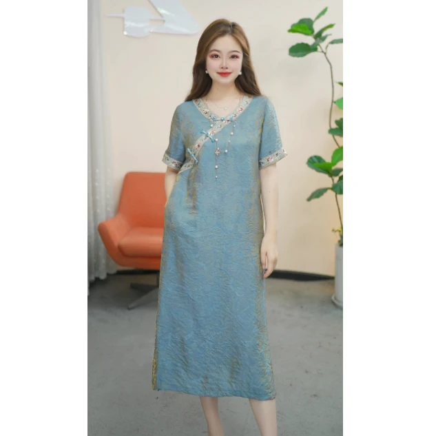【慧可定制】B260-1气质新中式国风连衣裙女2025新款遮肉显瘦裙子
