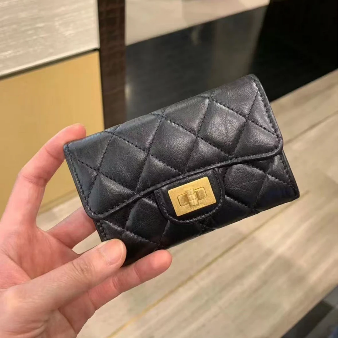 95新 Chanel/香奈儿 GGS香奈儿2.55短款钱包黑金油蜡牛皮22748483