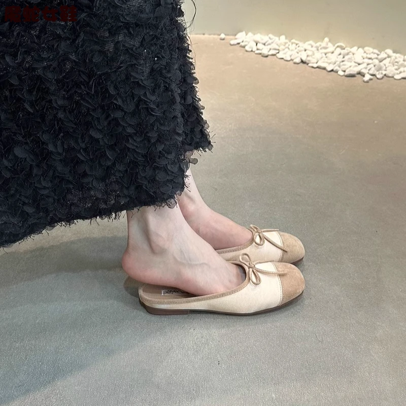 【轻奢爆款】平底尖头包头半拖鞋女外穿2025夏季法式银色一脚蹬蝴蝶