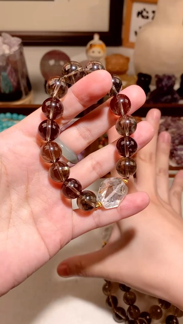 水晶手串银S925镶嵌茶阿塞水晶DIY手串 约12mm 多样性发一
