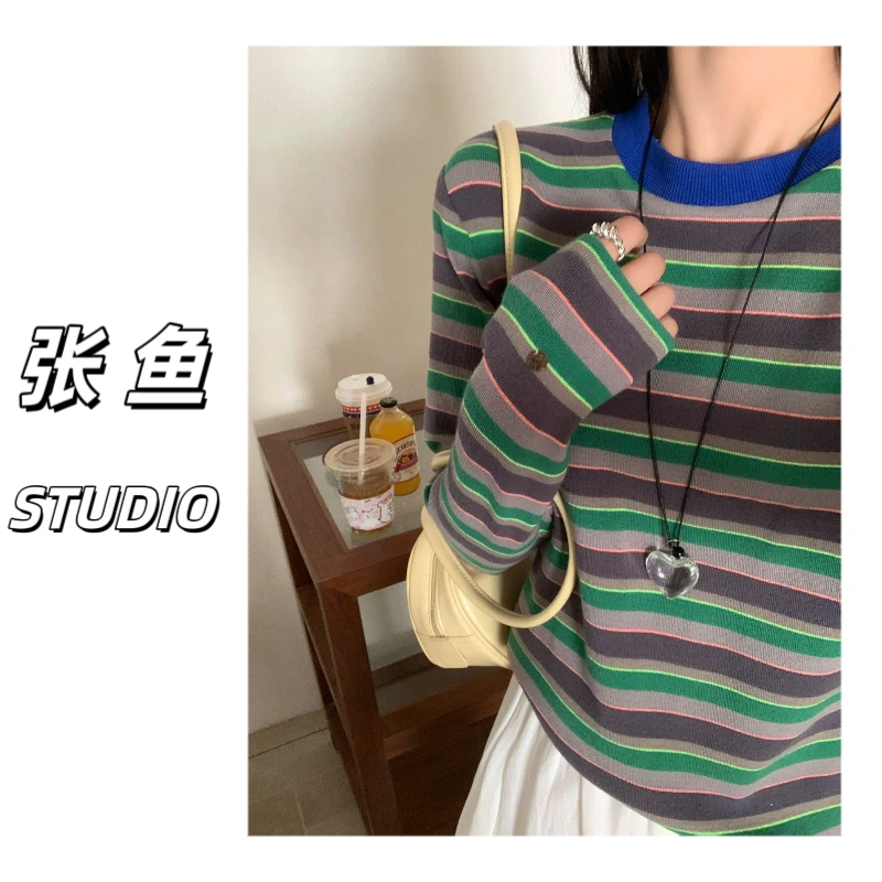 25春季新款条纹撞色领圆领套头全身对条打底衫