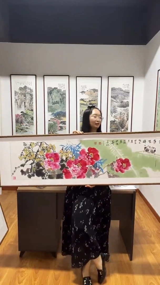 国画汪琼 160*45 牡丹图 富贵吉祥