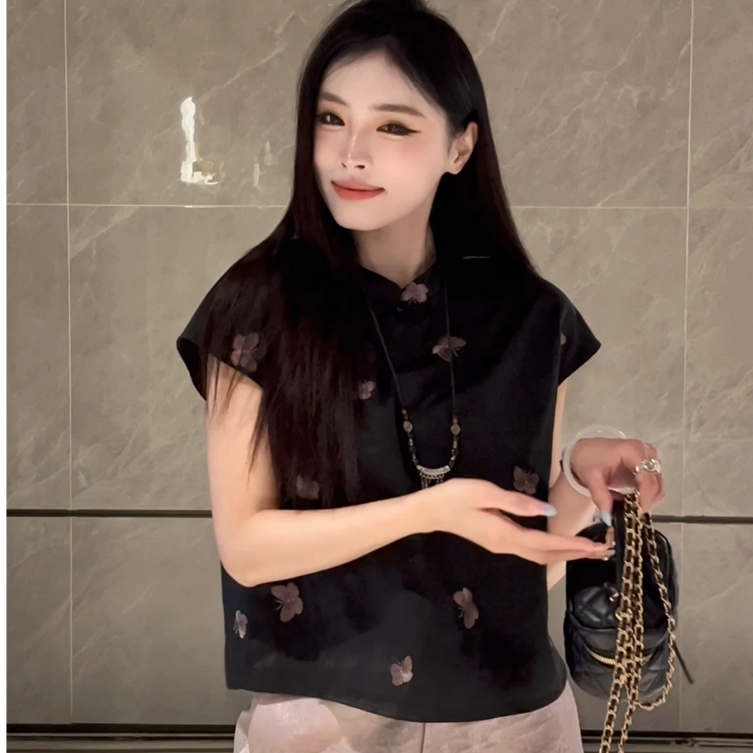 新中式国风复古刺绣蝴蝶黑色衬衫女夏款气质显瘦百搭小上衣2586#