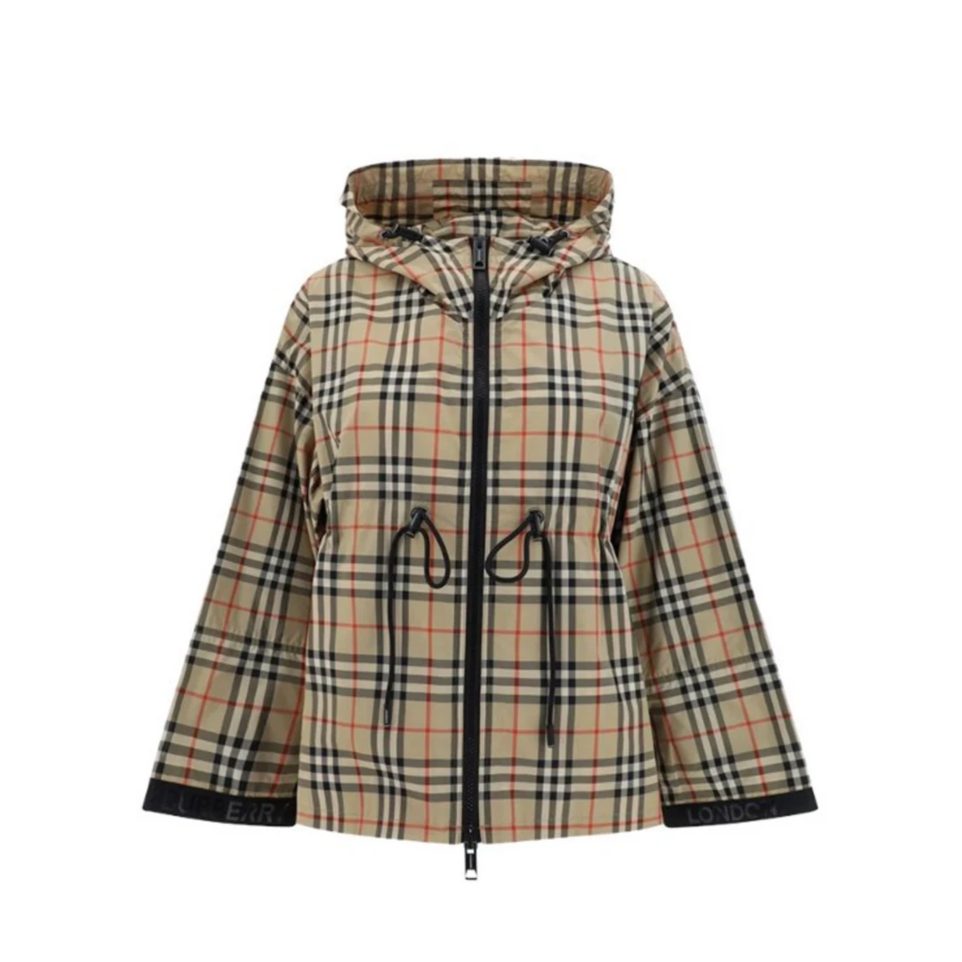 全新未使用 BURBERRY/博柏利 女士经典格纹连帽抽绳修身款冲锋衣
