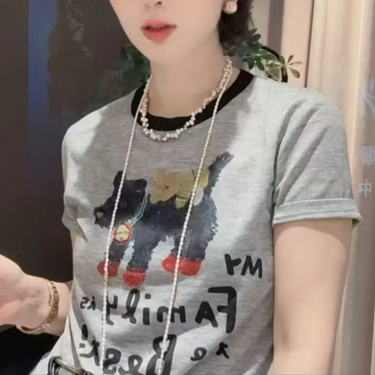 2532#欧货2025新款时尚卡通小狗字母印花短袖T恤女圆领上衣打底衫