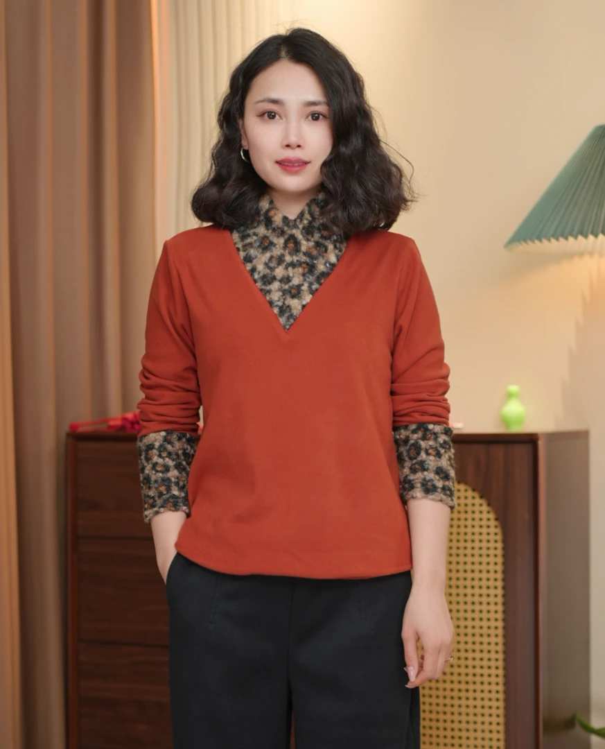 拼接女方领保暖豹纹长袖冬季卫衣打底休闲百搭女装