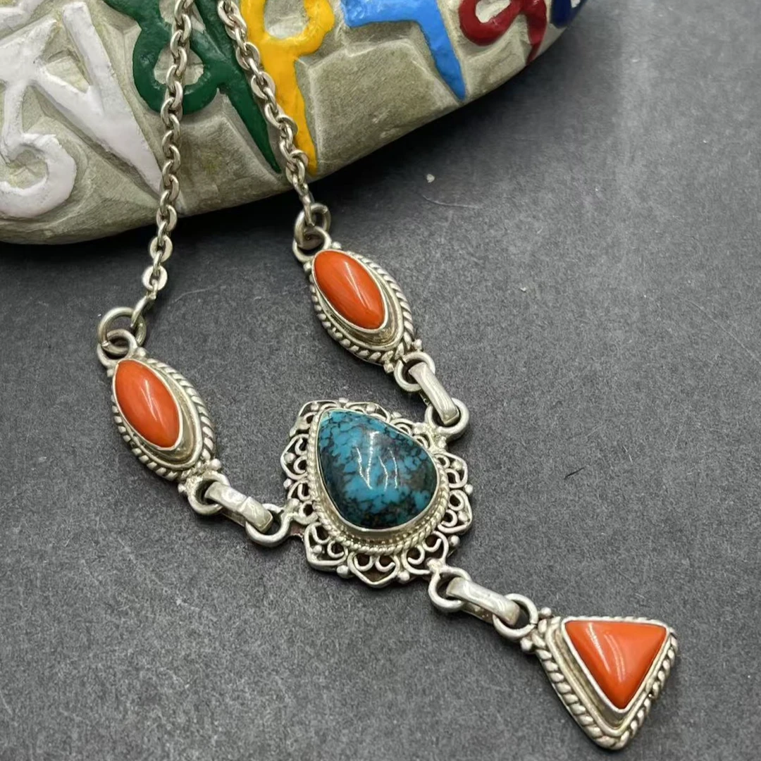 坠链均925银 尼泊尔手工镶嵌包边项链纯手工时尚