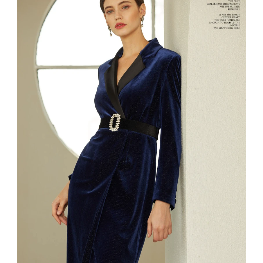 194007高档金丝绒正装连衣裙女冬季加厚时尚通勤正式场合职业S