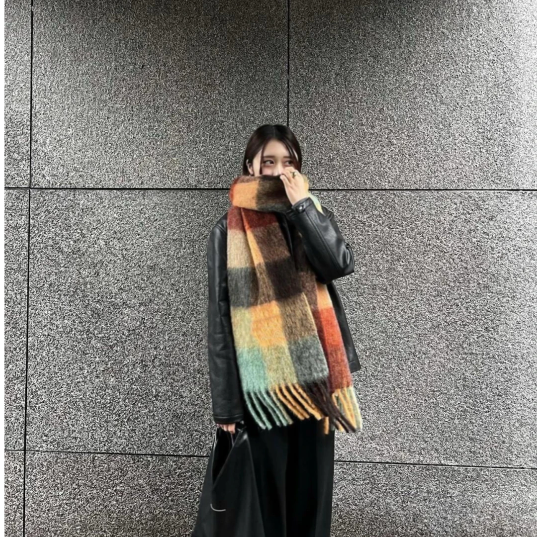 内蒙古源头直发新款 马海毛羊毛格纹彩虹流苏围巾 韩系男女同款