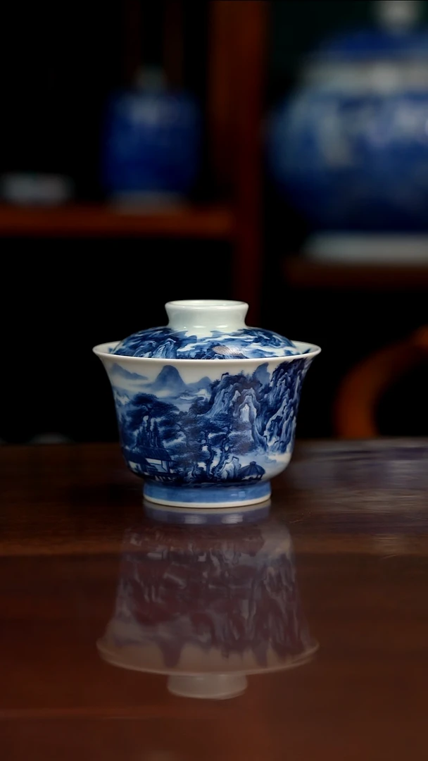 景琳藏北派山水十雅读书盖碗