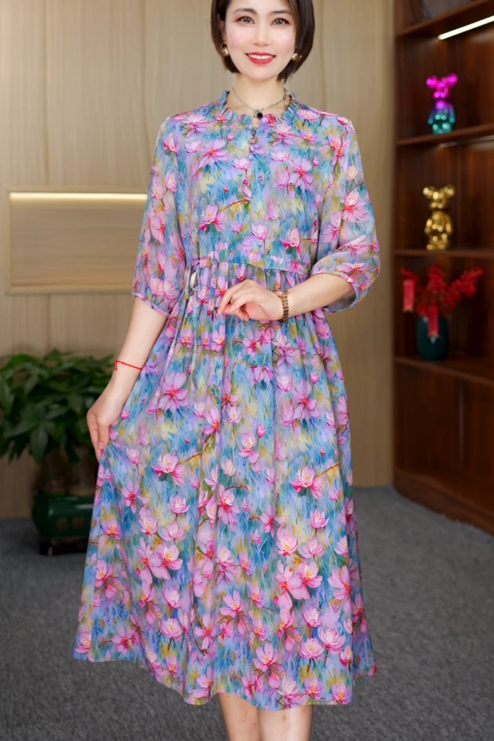 A-25202时尚有抽绳连衣裙花边领粉色桃花