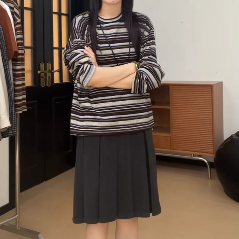 显瘦针织休闲宽松套头圆领长袖+洋气百褶中裙气质半身裙LK2506077