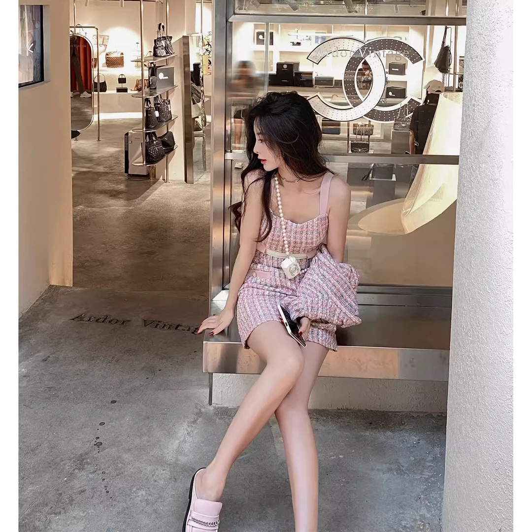 徐琳min 撞色小香风吊带连衣裙女修身收腰显瘦包臀短裙子x210190