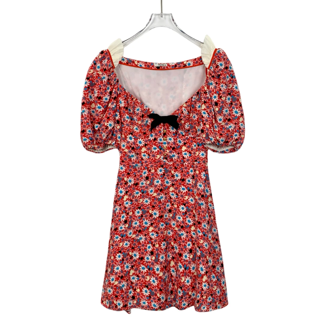 95新 MIU MIU/缪缪 J12168 碎花短袖V领连衣裙 36码