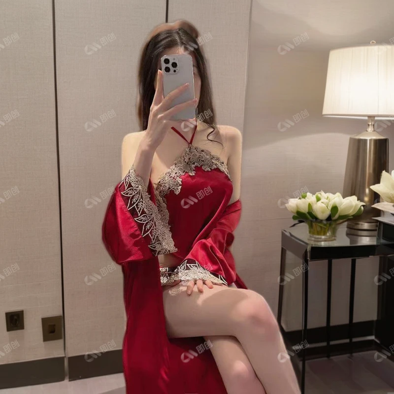 情侣性感肚兜绣花宫廷睡衣火辣睡裙吊带套蕾丝红色薄款婚礼晨袍