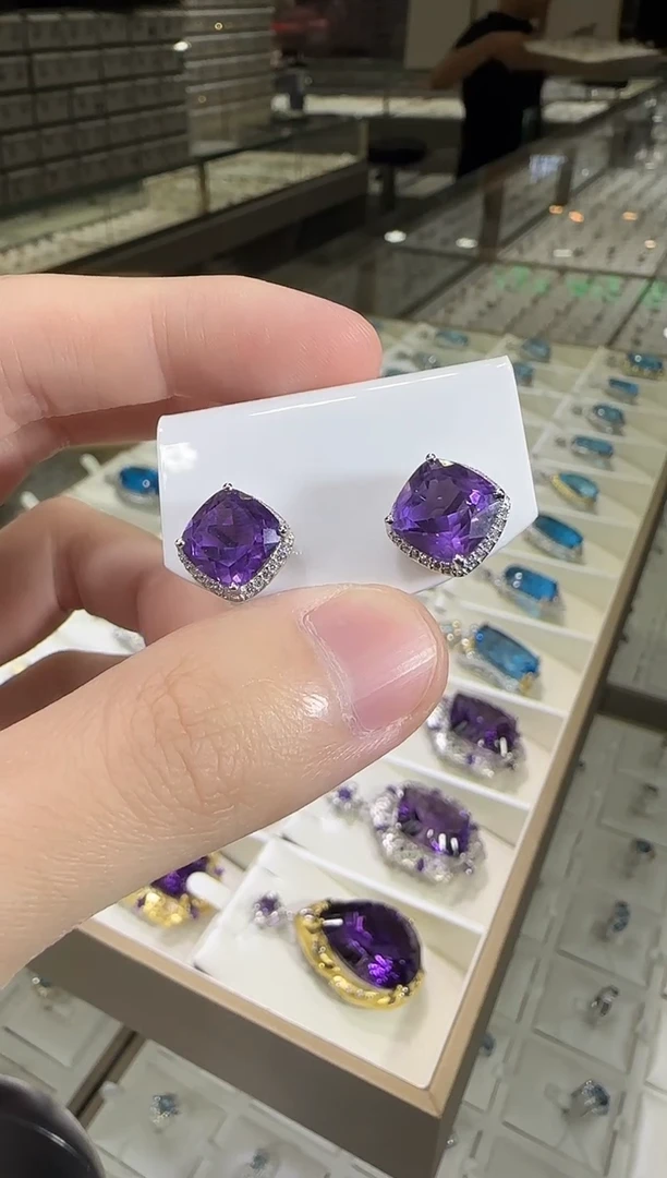 银S925镶嵌耳饰紫晶10mm简约帝王紫耳钉