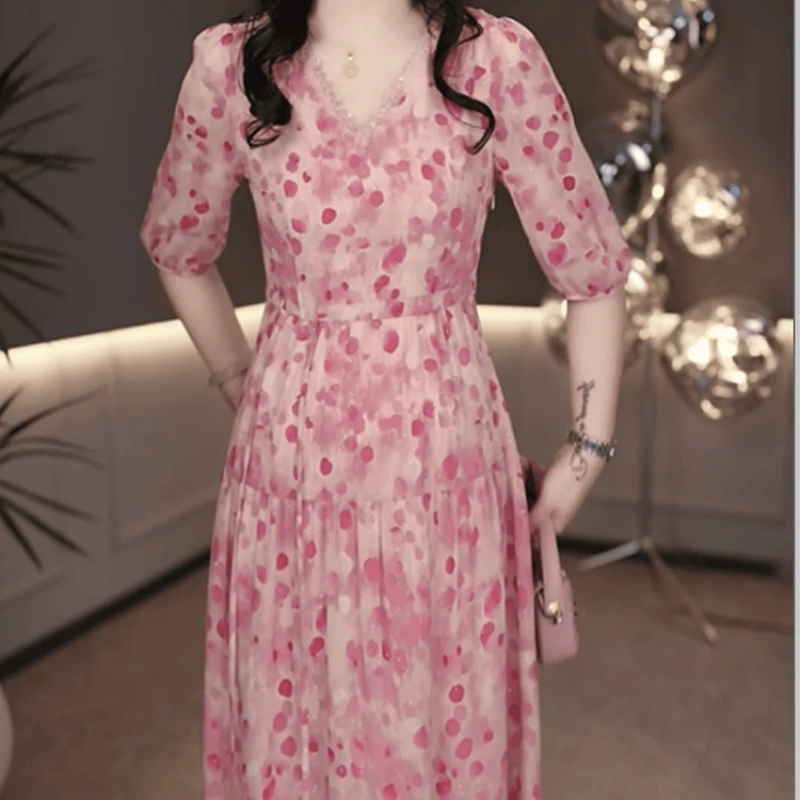 A248【连衣裙】2025早秋新款时尚高端轻奢优雅气质修身印花连衣裙