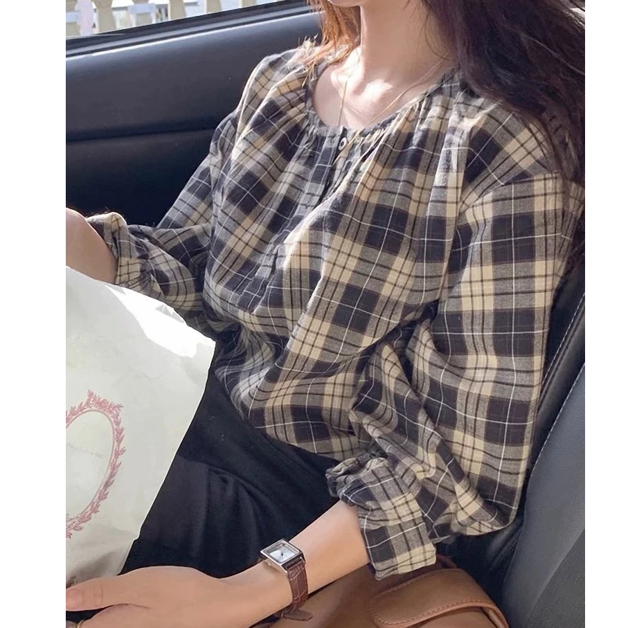 48167春季女装新款百搭圆领长袖学生衬衣宽松套头复古格子衬衫