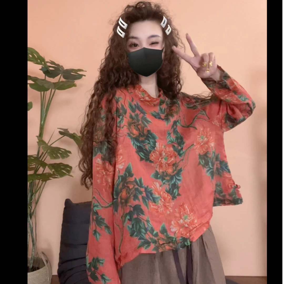 museguhui/木色古汇6616#时尚复古休闲款式百搭印花麻上衣