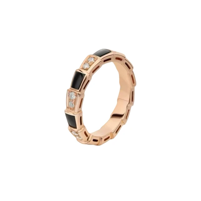 99新 BVLGARI/宝格丽 18k玫瑰金 黑玛瑙 窄版 蛇骨 间钻戒指