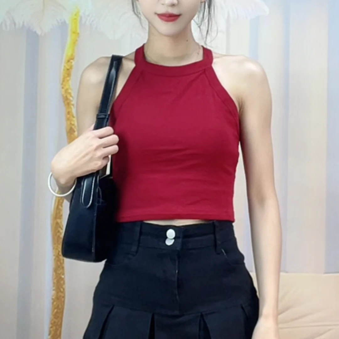 902#欧美风无袖性感红色美背风吊带背心纯欲风小众外穿百搭修身