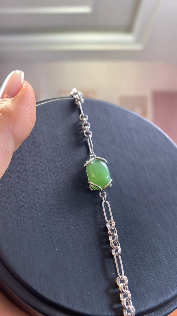 银S925镶嵌和田玉挂件猫眼蛋面手链