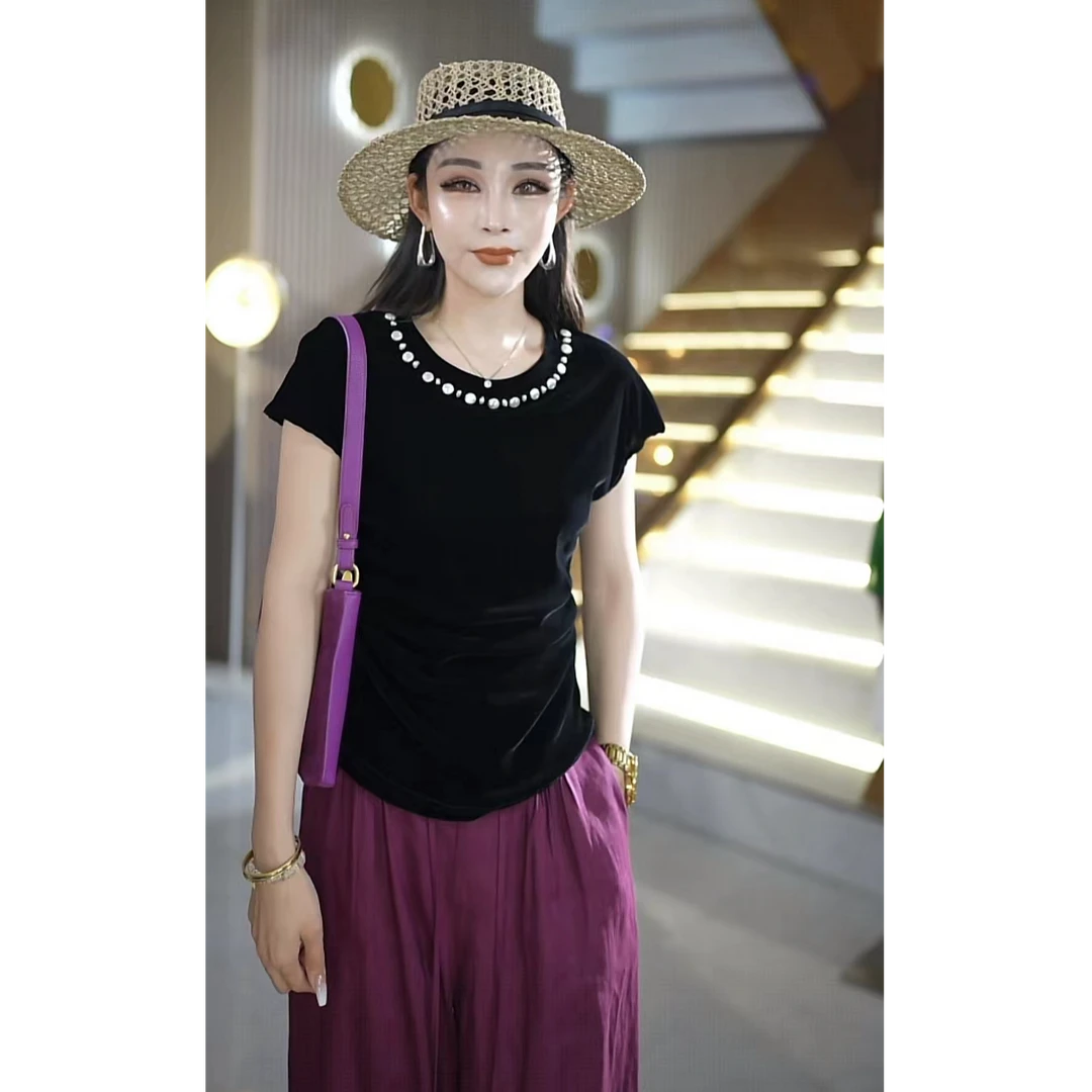 夏季时尚百搭休闲女士圆领植绒圆领钉珠短袖T恤针织衫2W+9698m