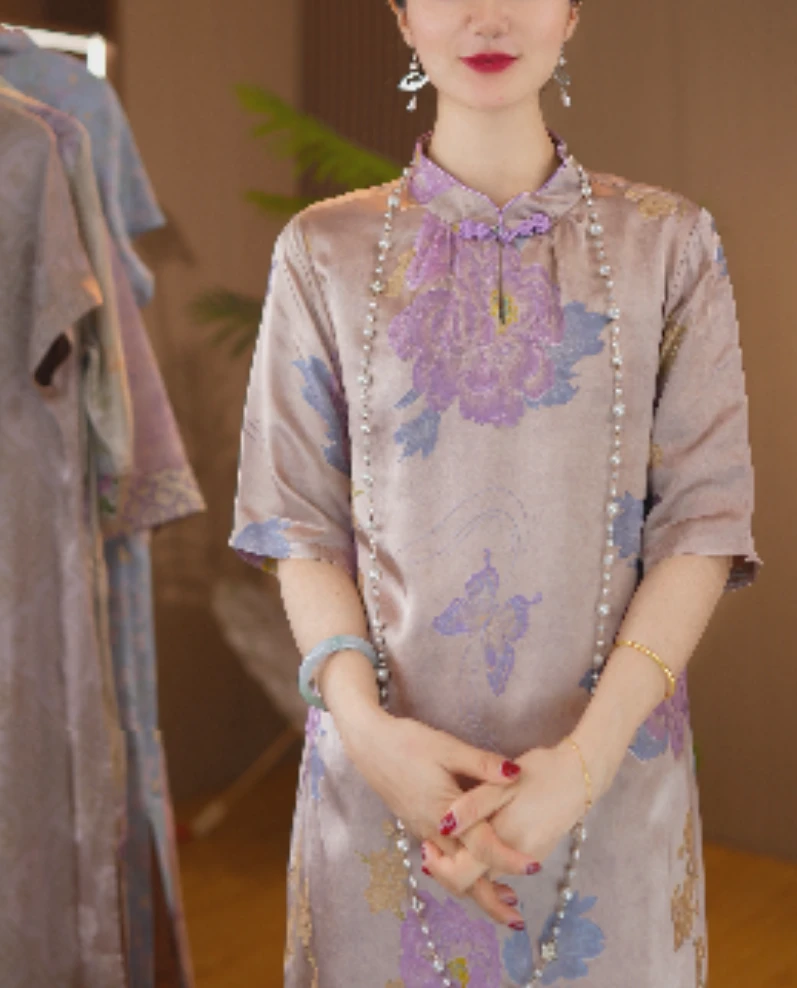 鎏彩｜牡丹夏季新款新中式女装中长款连衣裙2024B508桃桃