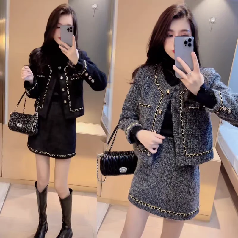 小香名媛风短款加厚外套洋气冬季搭配高腰半身裙时尚套装秋冬款