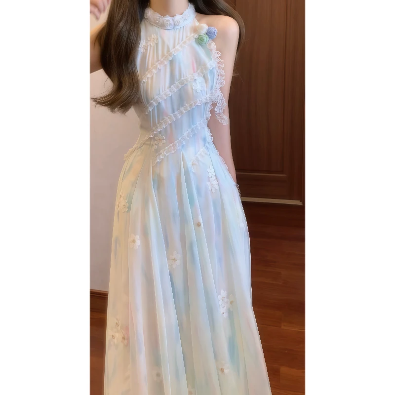 法式温柔绝美浪漫蕾丝花边立体花朵挂脖连衣裙度假风长裙9511