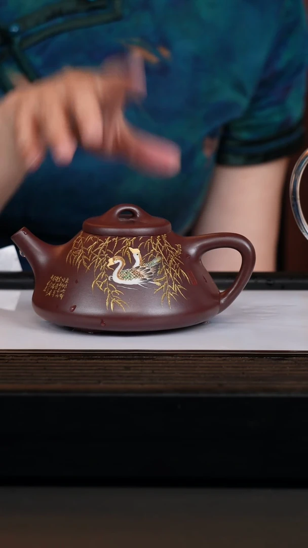 茶壶紫砂nxa紫茄泥石瓢壶泥绘刻字