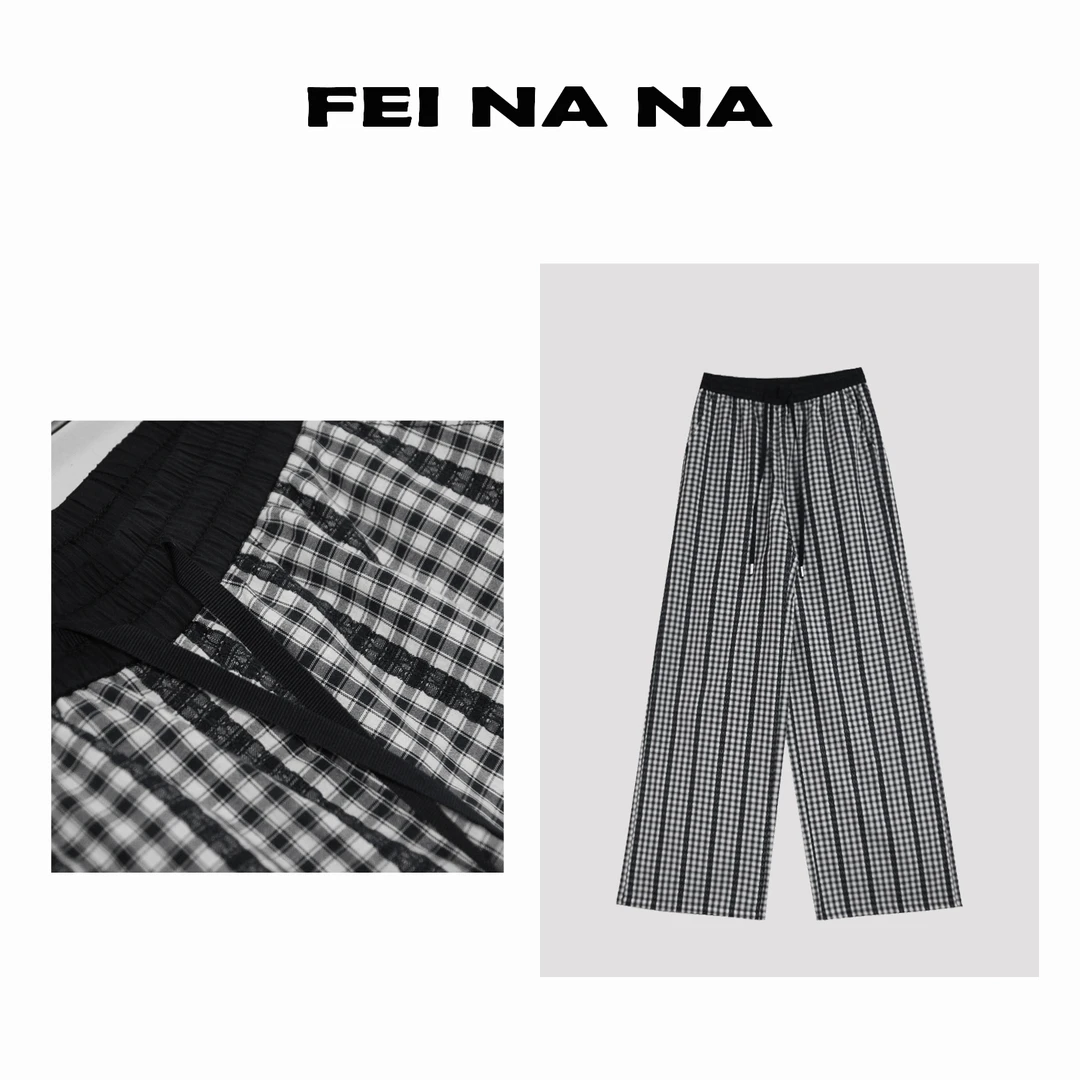 【feinana格子】2025夏季新款时尚小格子松紧腰抽绳格子裤051901